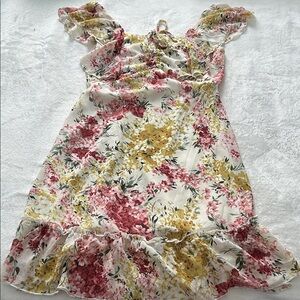 Cream Floral Ruffle Dress with Pink & Yellow Blooms
